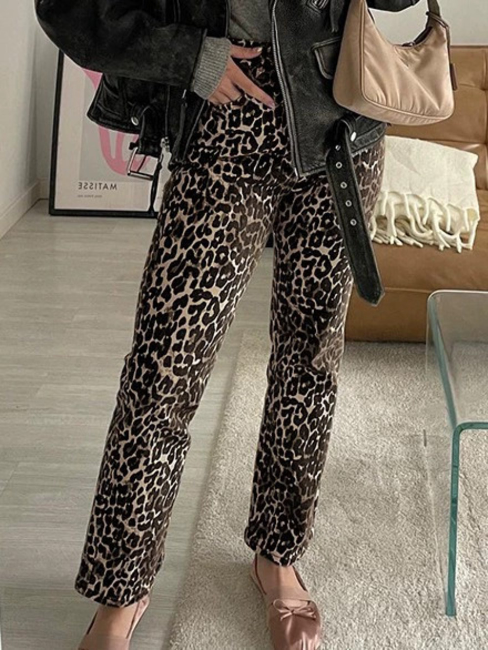 ZARA Womens Spring Sexy Leopard Print High Waist Straight Leg Pants Retro